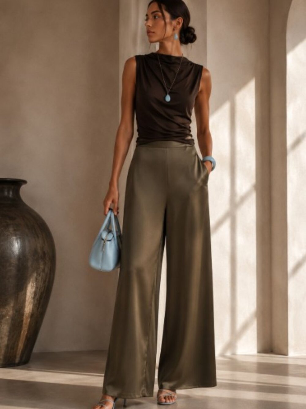 Christopher Esber Satin Wide Leg Pull On Pants Olive Brown Quiet Luxury Designer